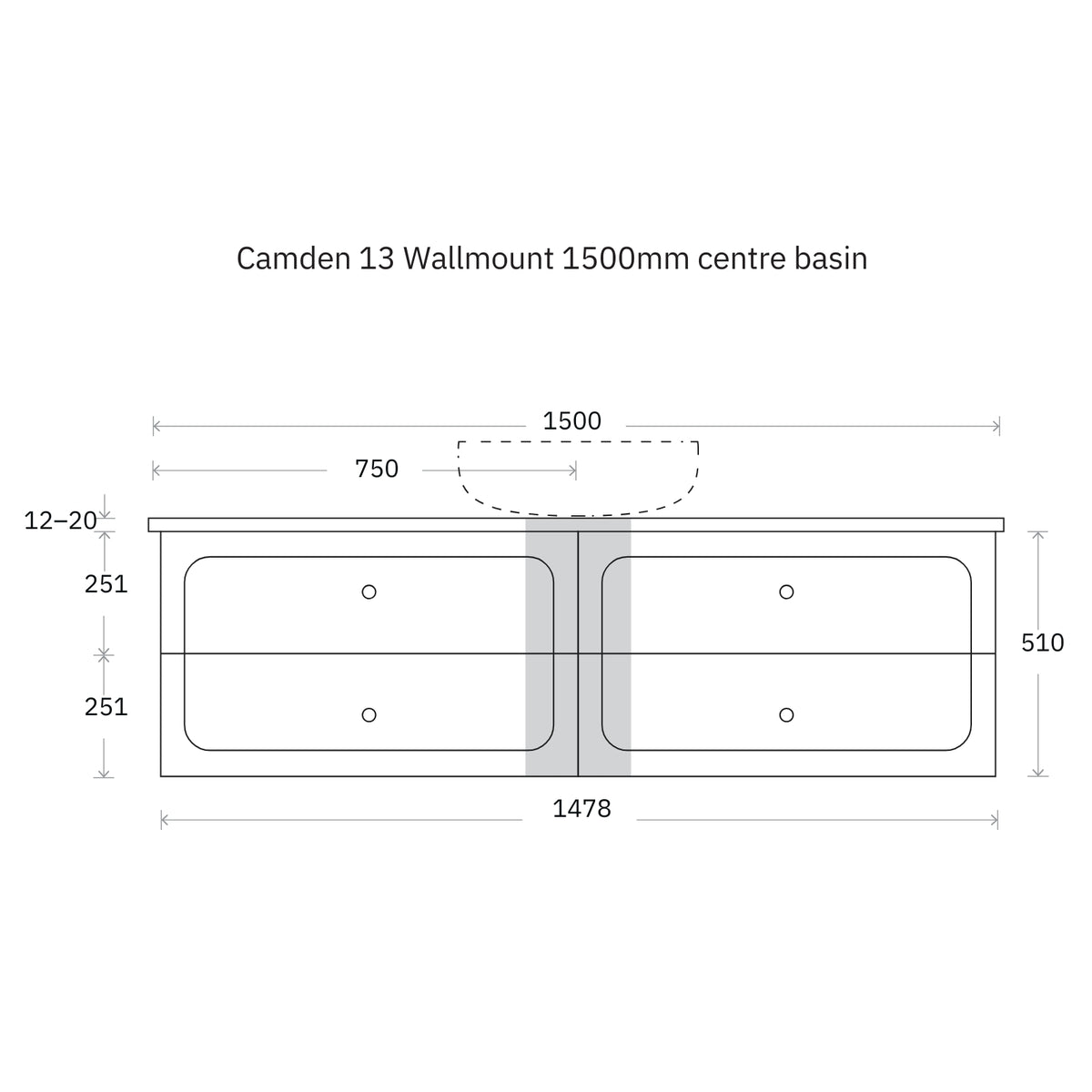 Technical Drawing Marquis Camden Wall Hung Vanity with Caesarstone, Vasari or Dekton Top CAMDEN13-WH - The Blue Space