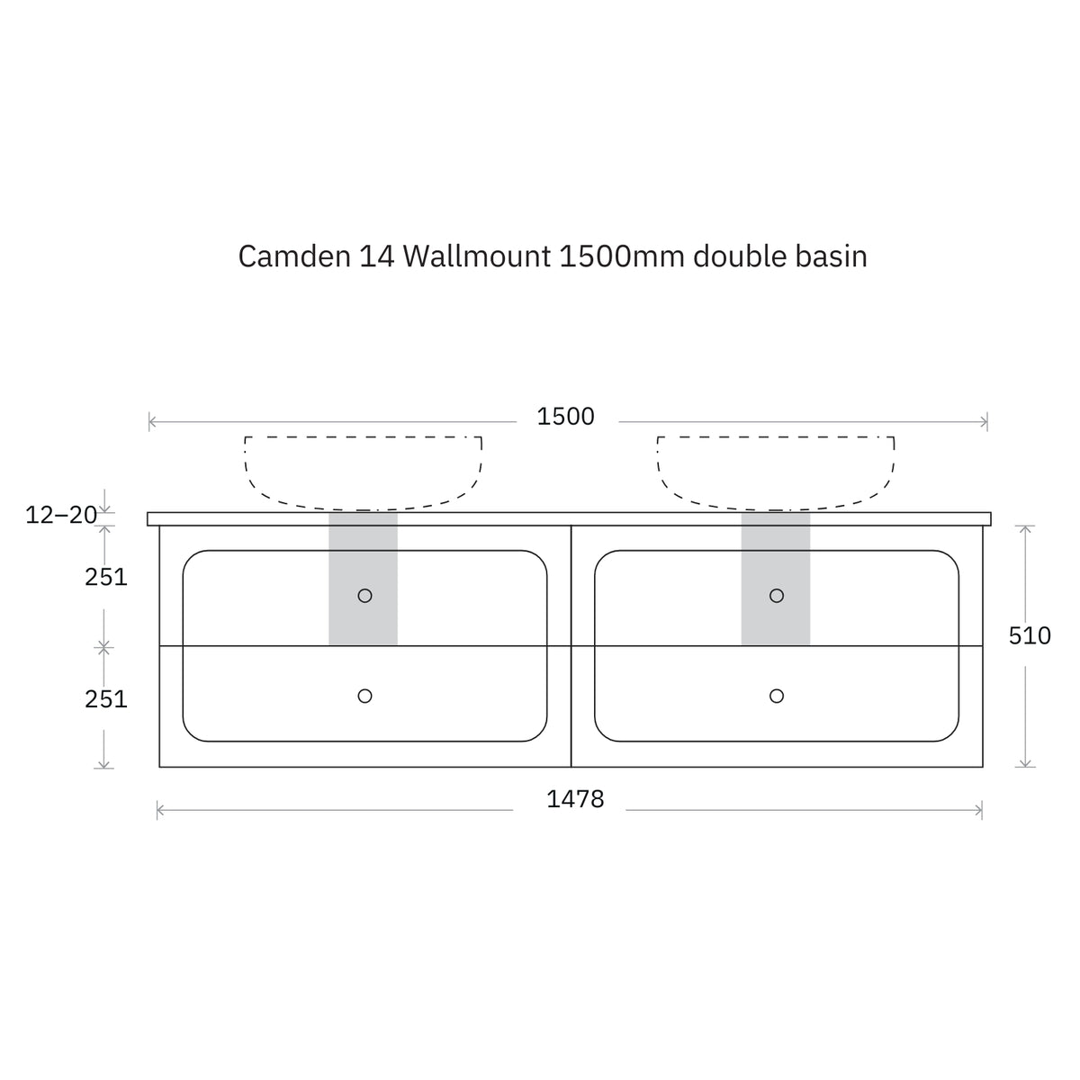 Technical Drawing Marquis Camden Wall Hung Vanity with Caesarstone, Vasari or Dekton Top CAMDEN14-WH - The Blue Space