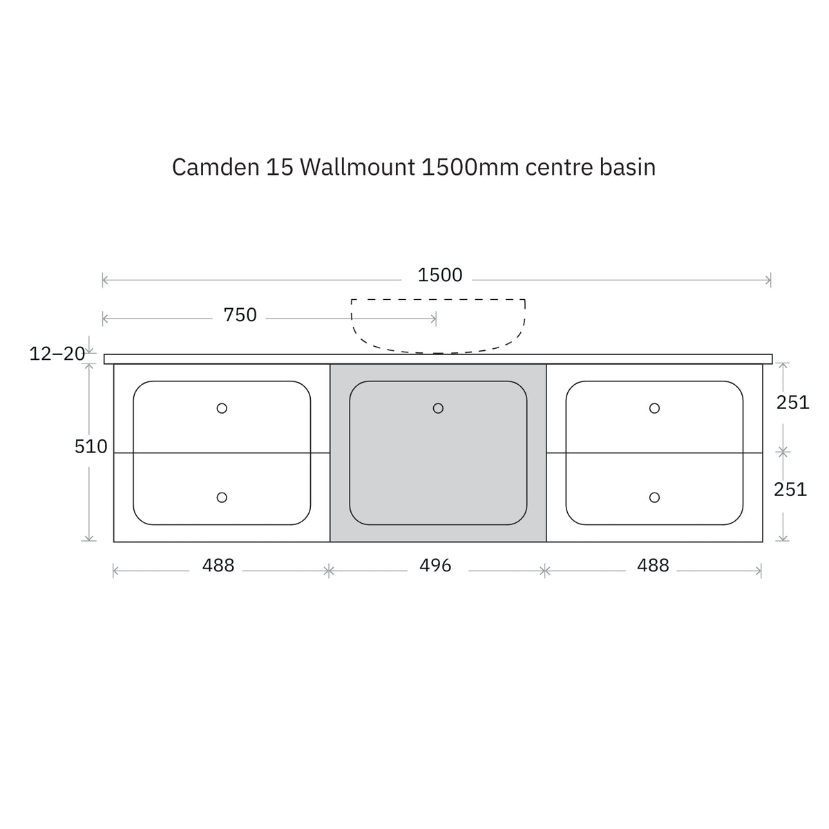 Technical Drawing Marquis Camden Wall Hung Vanity with Caesarstone, Vasari or Dekton Top CAMDEN15-WH - The Blue Space