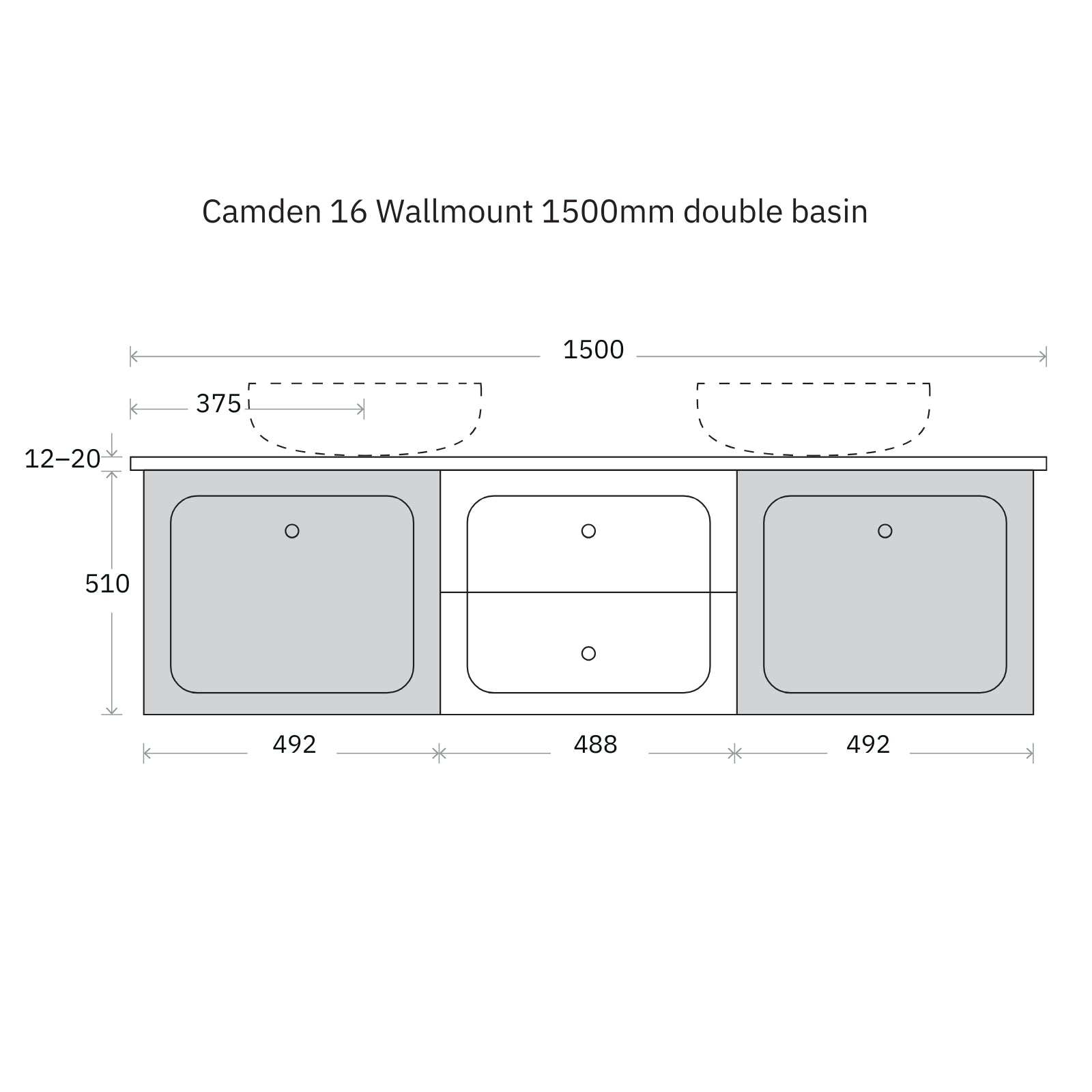 Technical Drawing Marquis Camden Wall Hung Vanity with Caesarstone, Vasari or Dekton Top CAMDEN16-WH - The Blue Space
