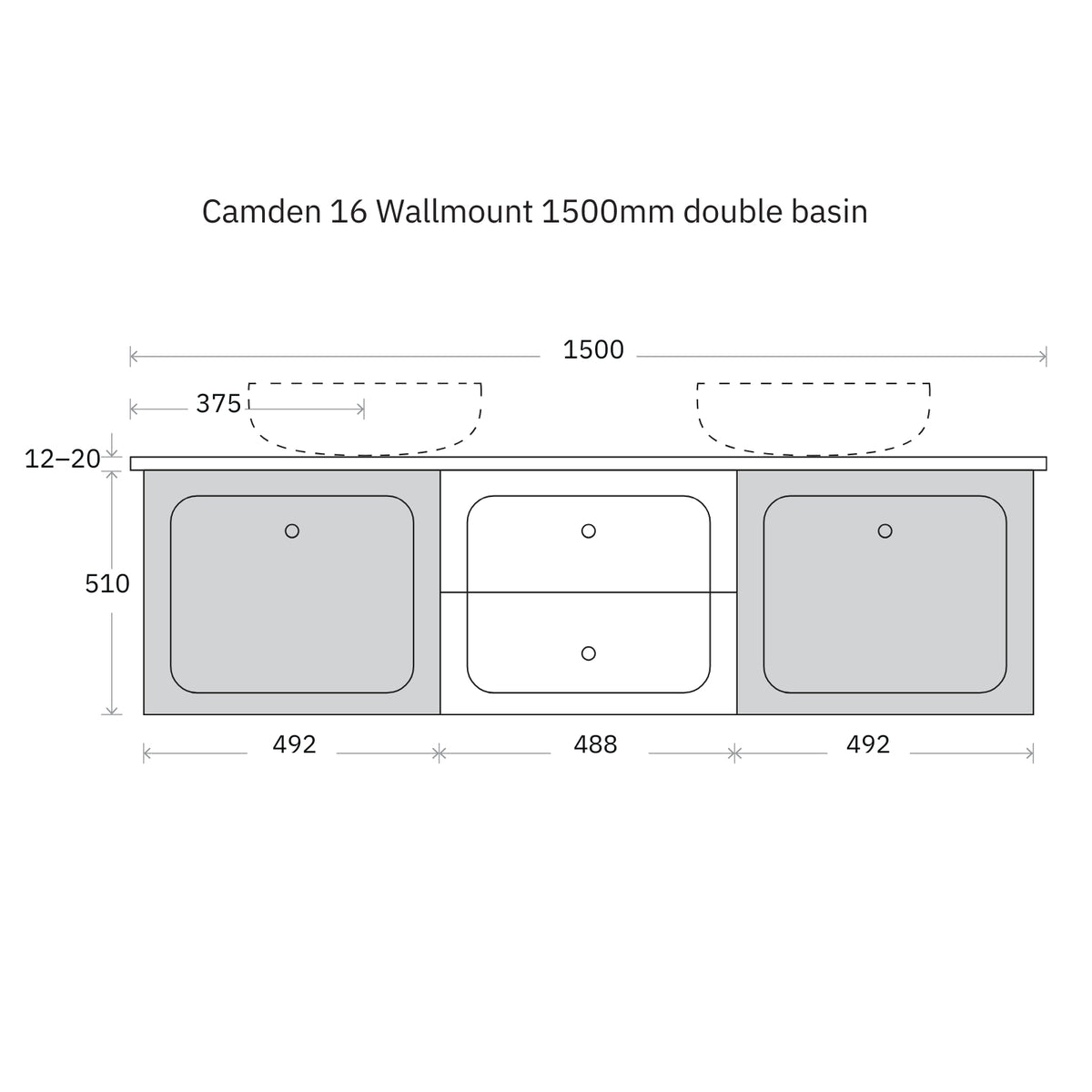Technical Drawing Marquis Camden Wall Hung Vanity with Caesarstone, Vasari or Dekton Top CAMDEN16-WH - The Blue Space