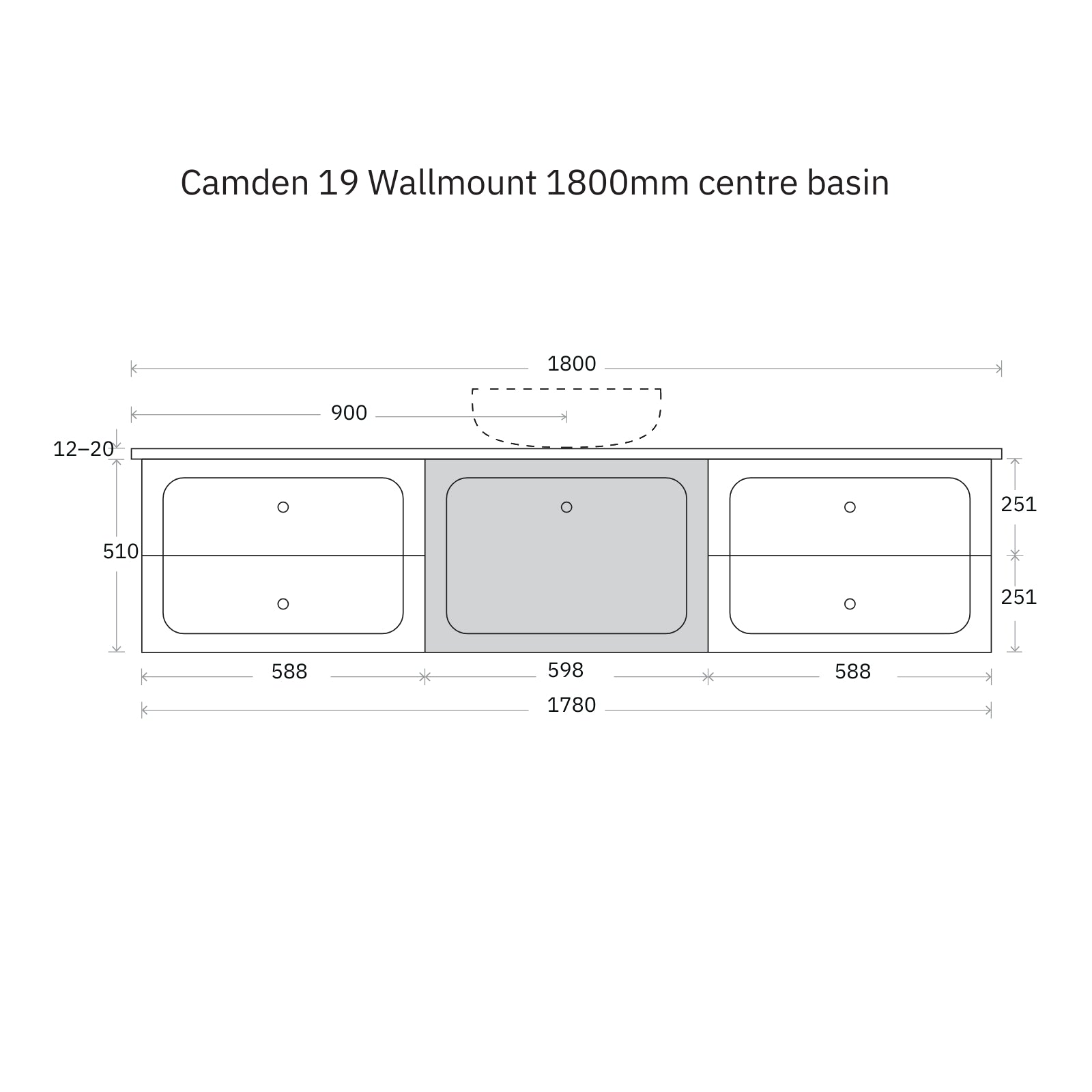 Technical Drawing Marquis Camden Wall Hung Vanity with Caesarstone, Vasari or Dekton Top CAMDEN19-WH - The Blue Space