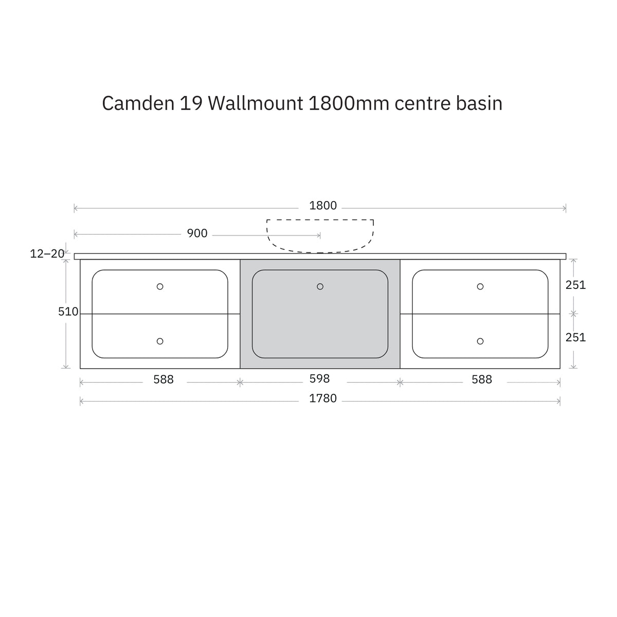 Technical Drawing Marquis Camden Wall Hung Vanity with Caesarstone, Vasari or Dekton Top CAMDEN19-WH - The Blue Space