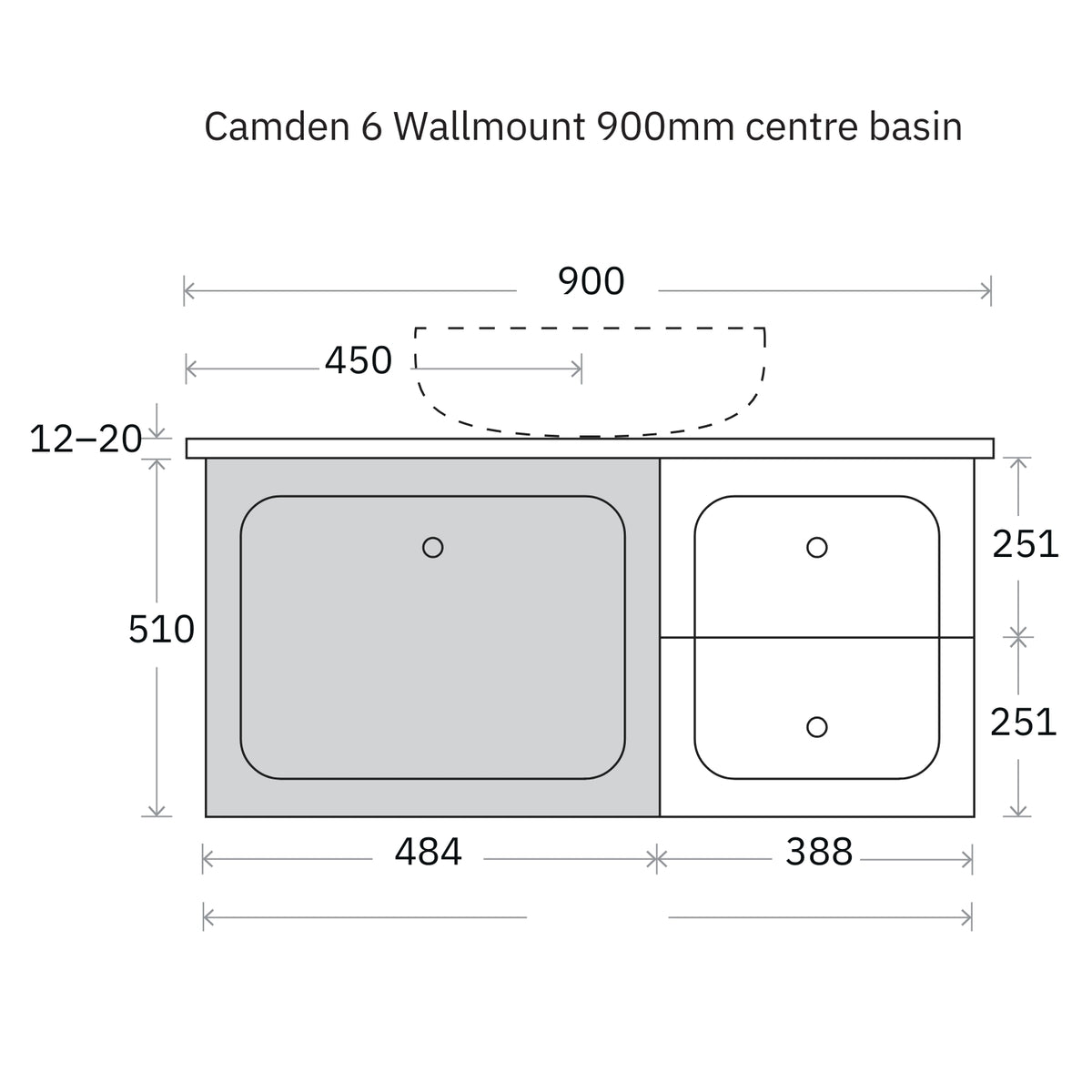 Technical Drawing Marquis Camden Wall Hung Vanity with Caesarstone, Vasari or Dekton Top CAMDEN6-WH - The Blue Space