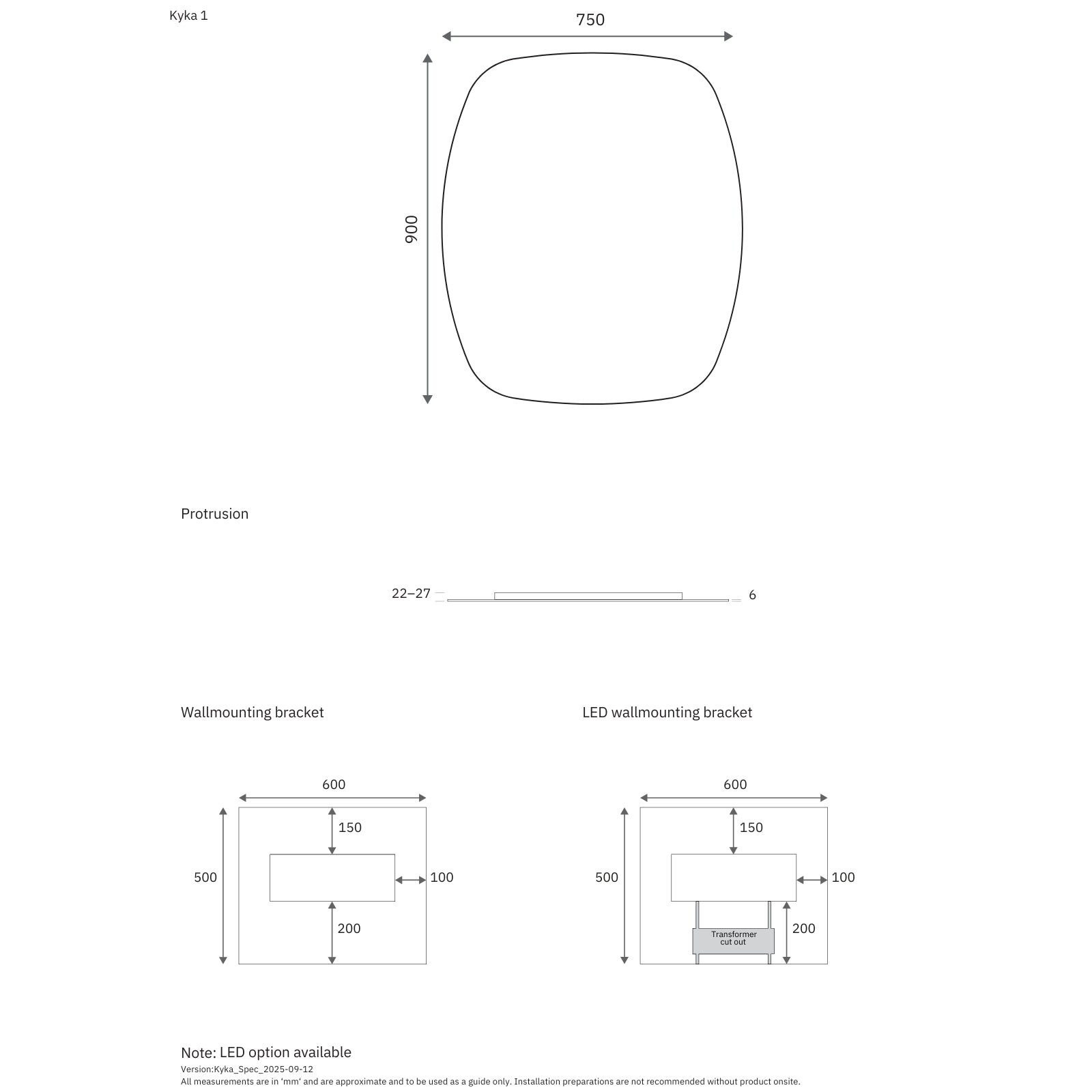 Technical Drawing Marquis Kyka Frameless Mirror 750mm - 1200mm KYKA1 - The Blue Space