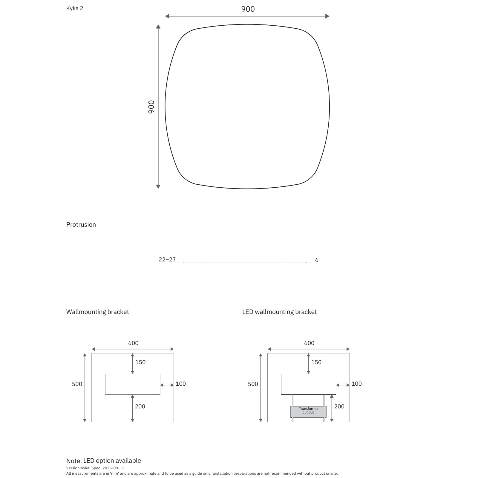 Technical Drawing Marquis Kyka Frameless Mirror 750mm - 1200mm KYKA2 - The Blue Space