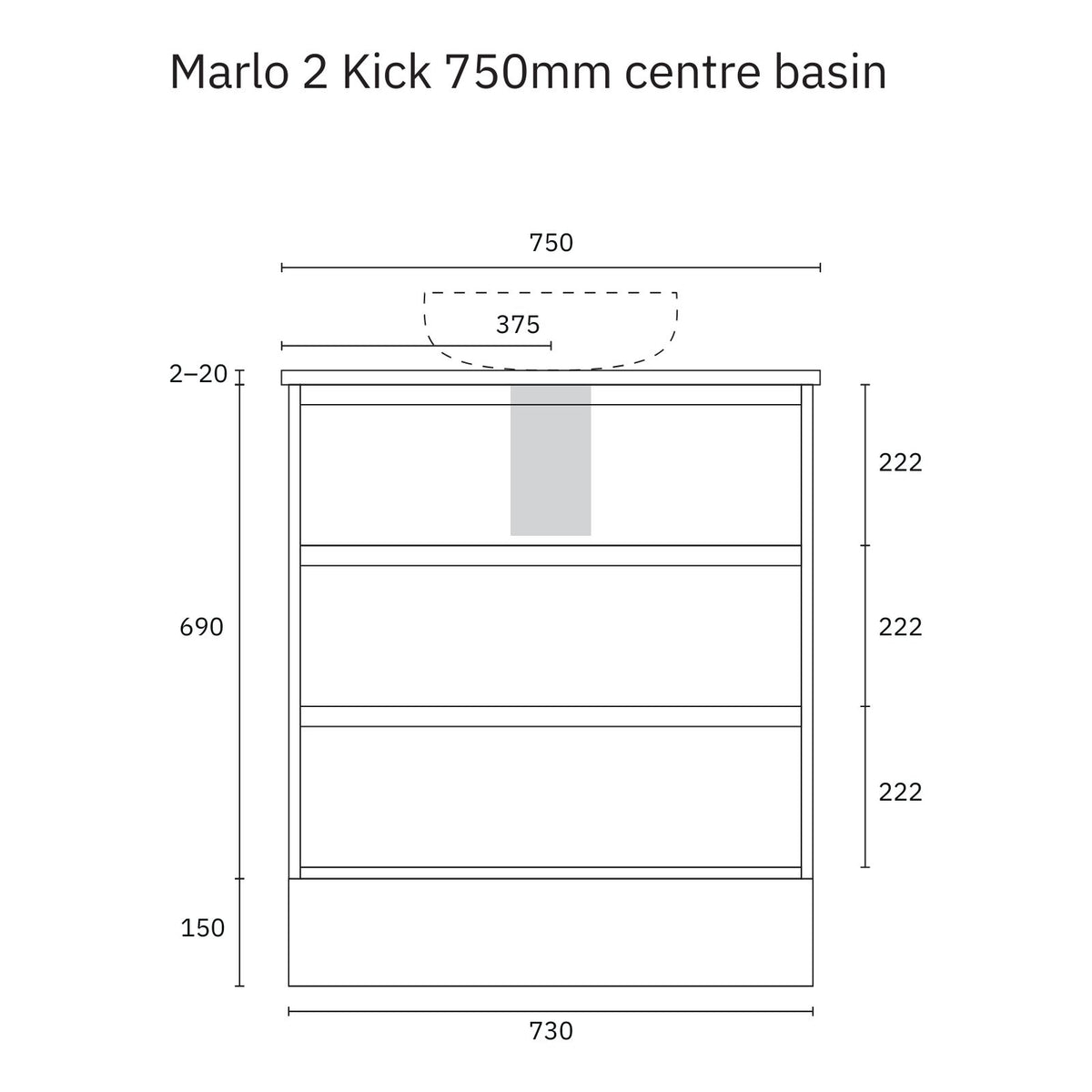 Technical Drawing Marquis Marlo Floor Standing Vanity with Kickboard and Symphony Top MARLO2-FS-ST - The Blue Space