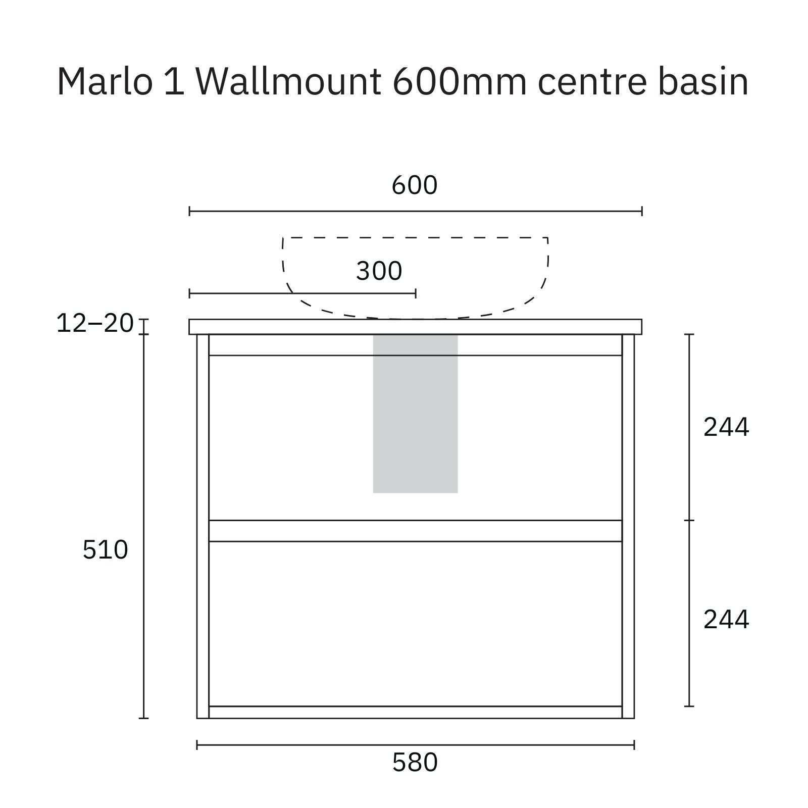 Technical Drawing Marquis Marlo Wall Hung Vanity with Caesarstone, Vasari or Dekton Top MARLO1-WH - The Blue Space