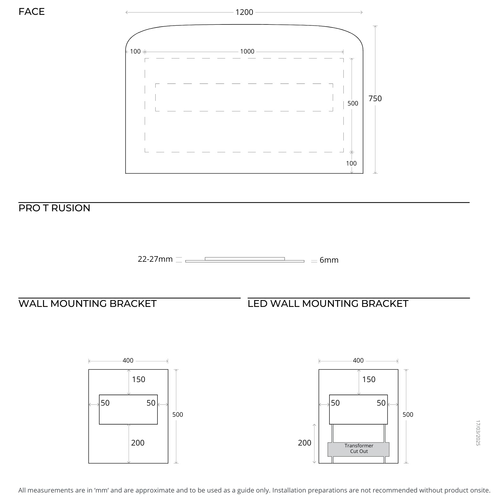 Technical Drawing Marquis Pane Frameless Mirror 600mm - 1200mm PANE1200 - The Blue Space