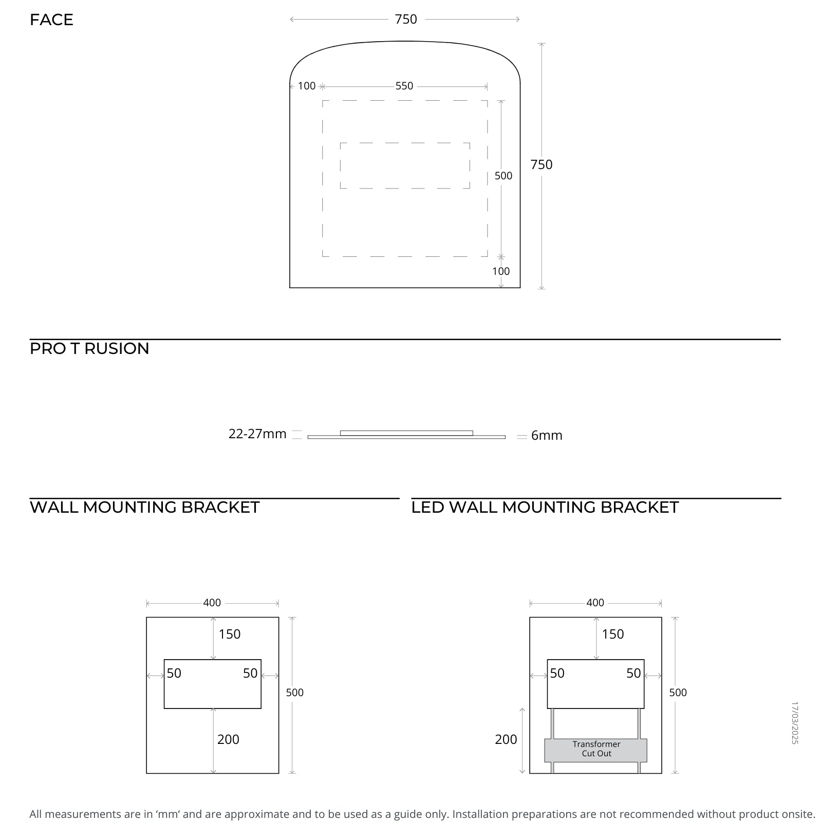 Technical Drawing Marquis Pane Frameless Mirror 600mm - 1200mm PANE750 - The Blue Space