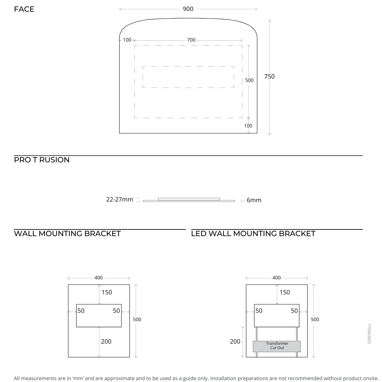 Technical Drawing Marquis Pane Frameless Mirror 600mm - 1200mm PANE900 - The Blue Space