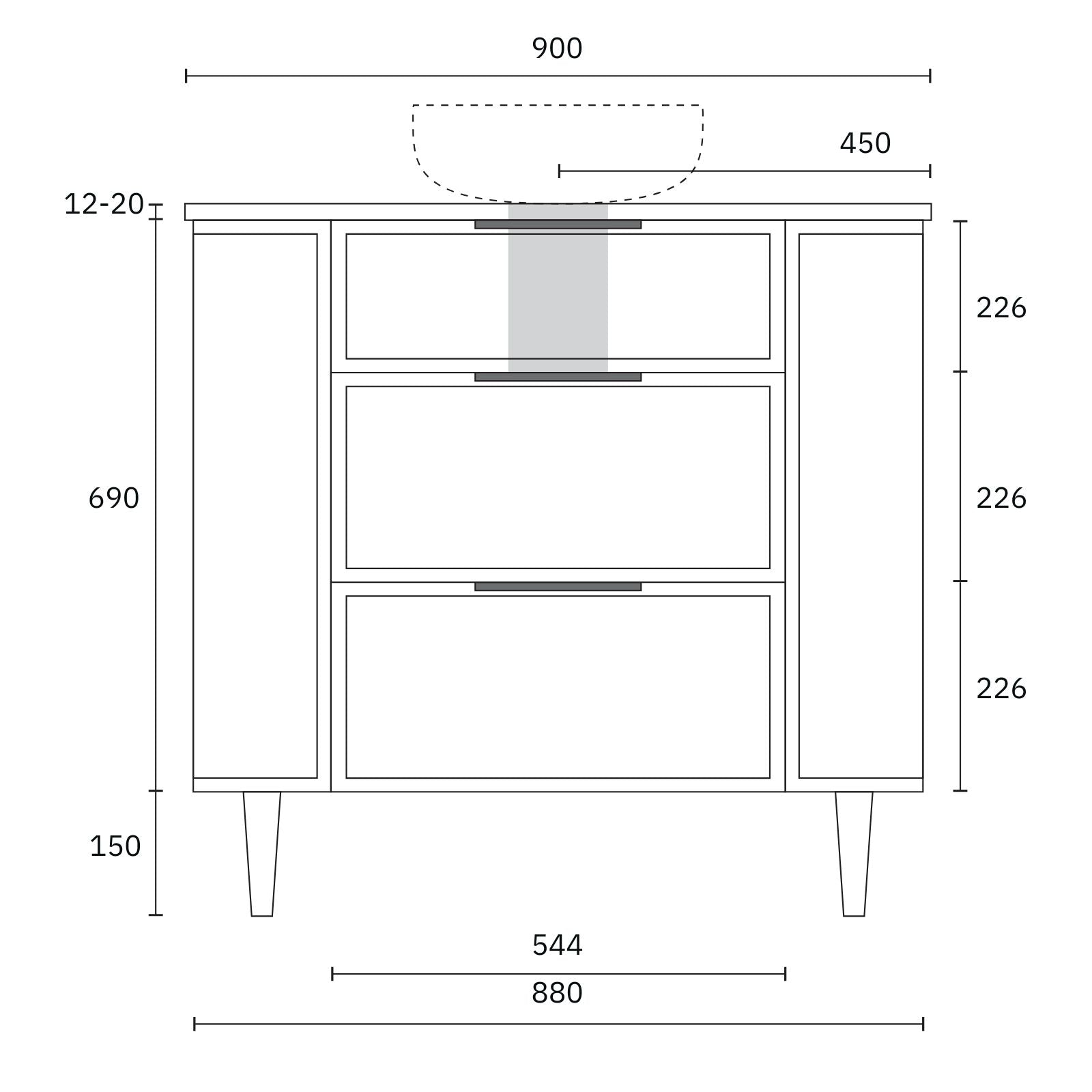 Technical Drawing Marquis Reef Floor Standing Vanity on Legs with Symphony Top REEF2-LEGS-ST - The Blue Space