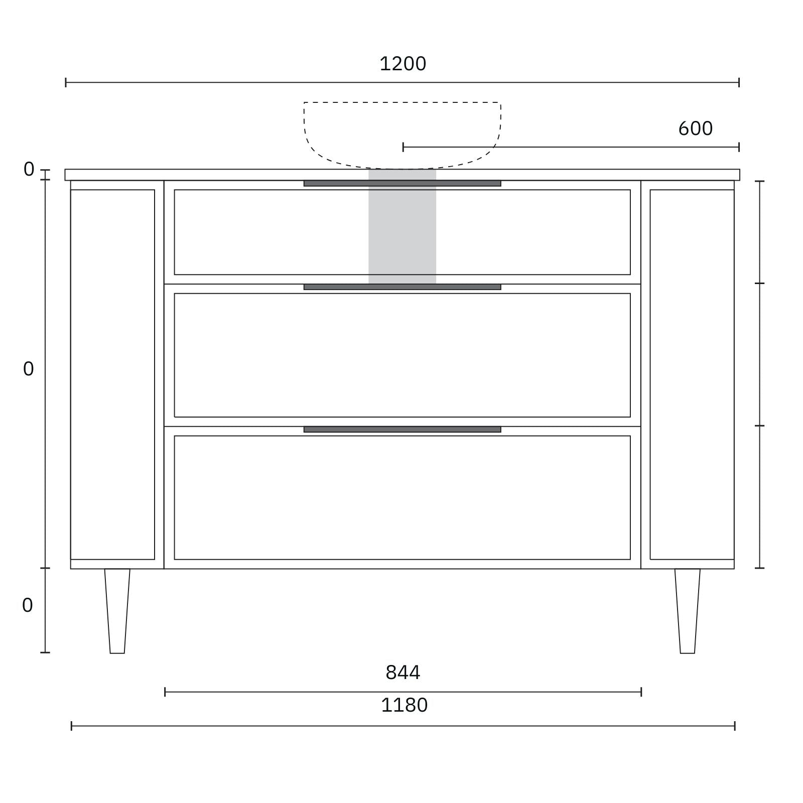 Technical Drawing Marquis Reef Floor Standing Vanity on Legs with Symphony Top REEF3-LEGS-ST - The Blue Space