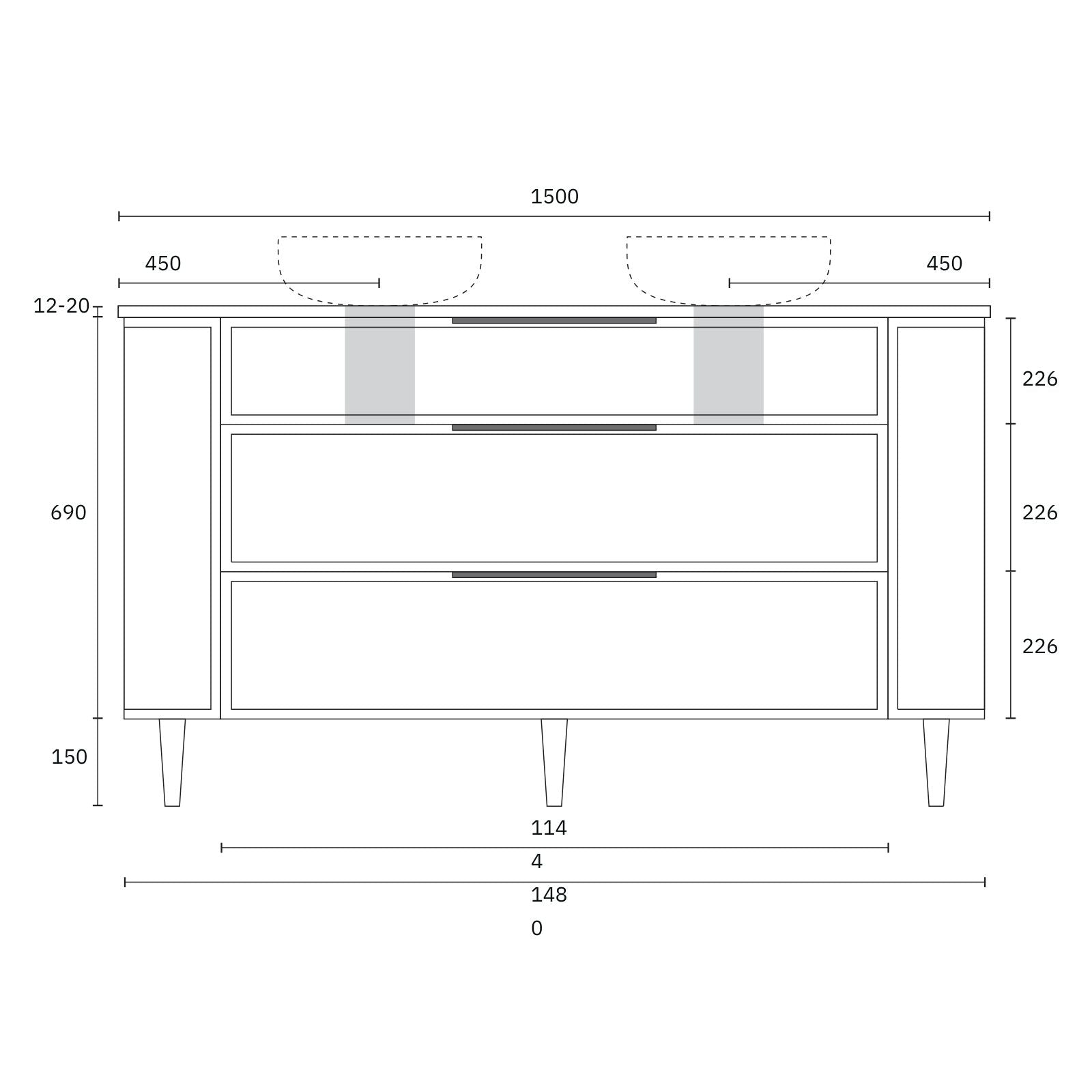 Technical Drawing Marquis Reef Floor Standing Vanity on Legs with Symphony Top REEF7-LEGS-ST - The Blue Space