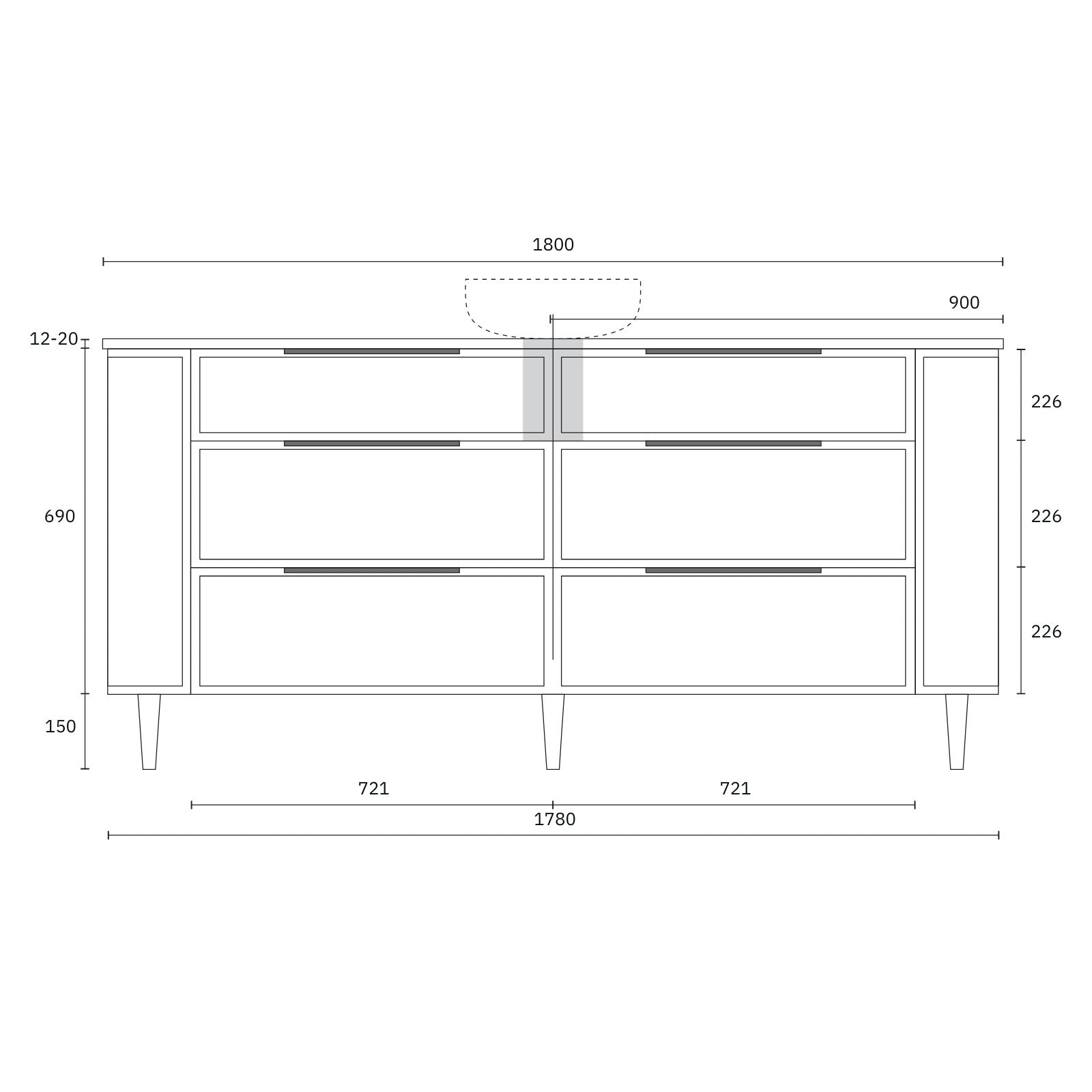 Technical Drawing Marquis Reef Floor Standing Vanity on Legs with Symphony Top REEF8-LEGS-ST - The Blue Space