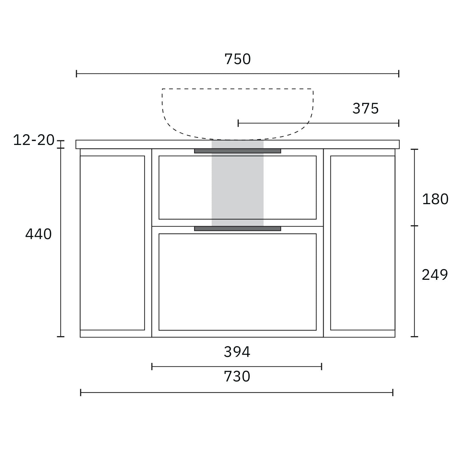 Technical Drawing Marquis Reef Wall Hung Vanity with Symphony Top REEF1-WH-ST - The Blue Space