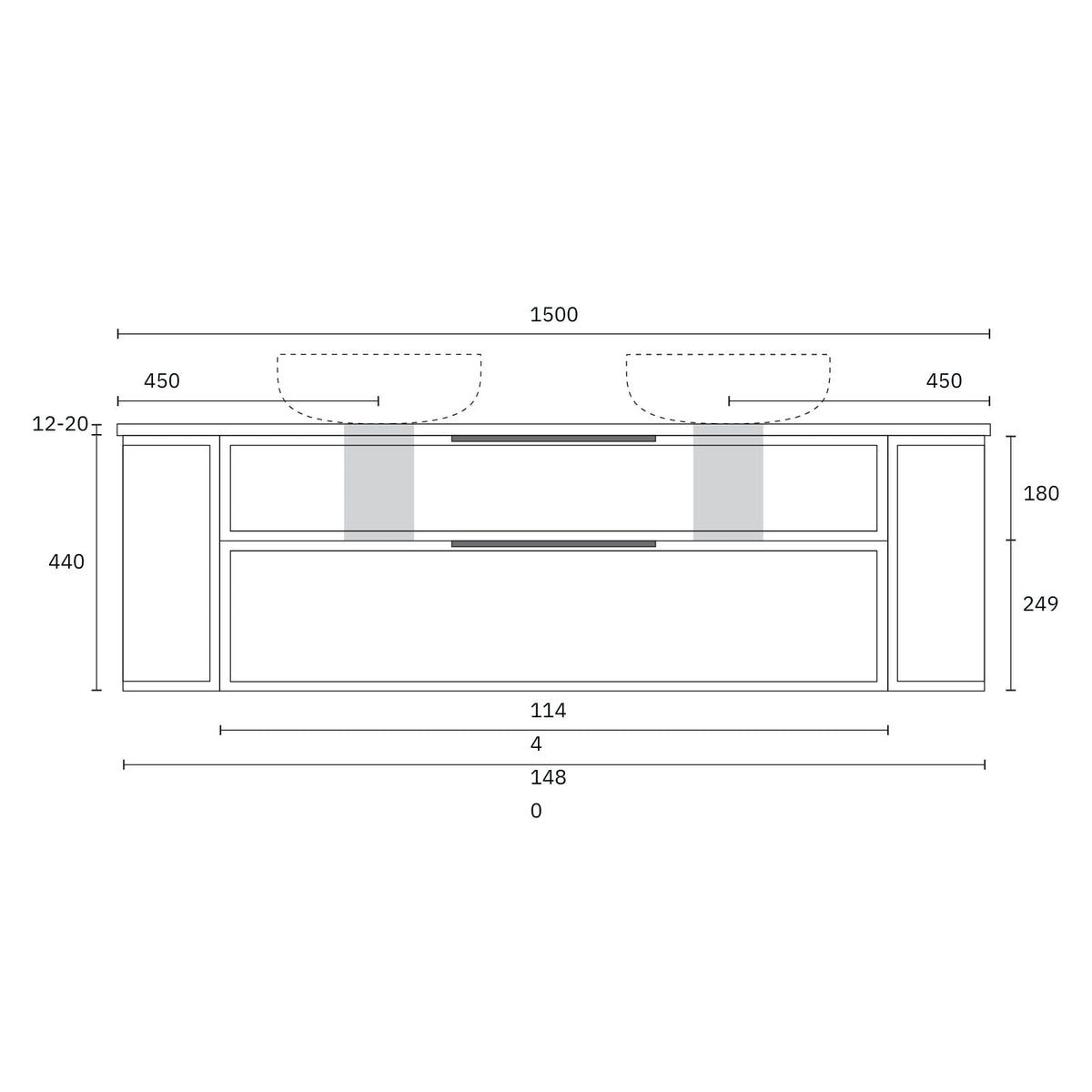 Technical Drawing Marquis Reef Wall Hung Vanity with Symphony Top REEF7-WH-ST - The Blue Space