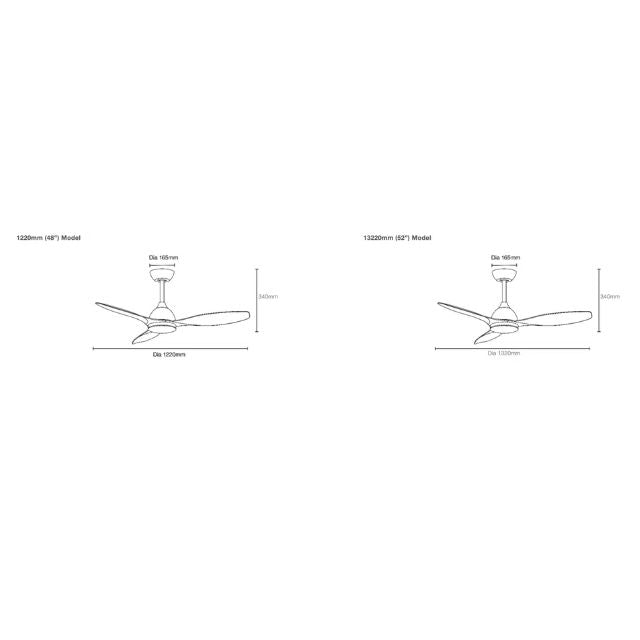 Line Drawing Martec Elite DC 1320mm Ceiling Fan with LED Light Matt Black MEDC1333M - The Blue Space