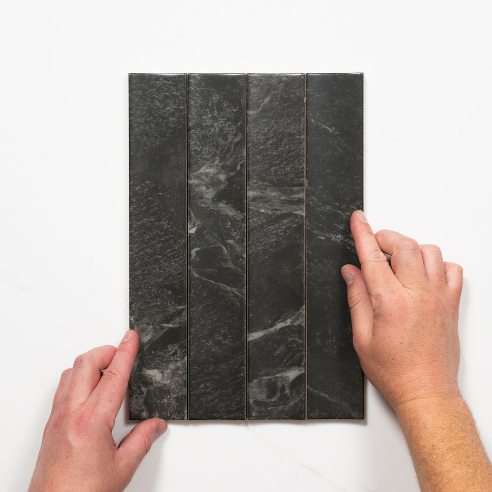 Matrix Black Marble Look Satin Porcelain Concave Subway Tile 50mm x 300mm