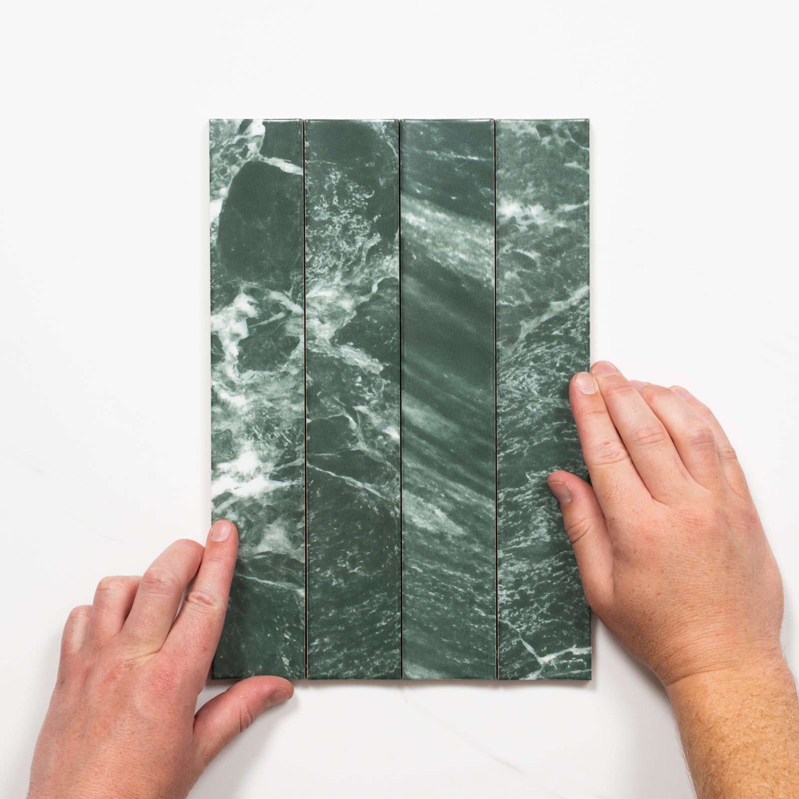Pattern with Hand Matrix Green Marble Look Satin Porcelain Concave Subway Tile 50mm x 300mm AMIGNS13 - The Blue Space