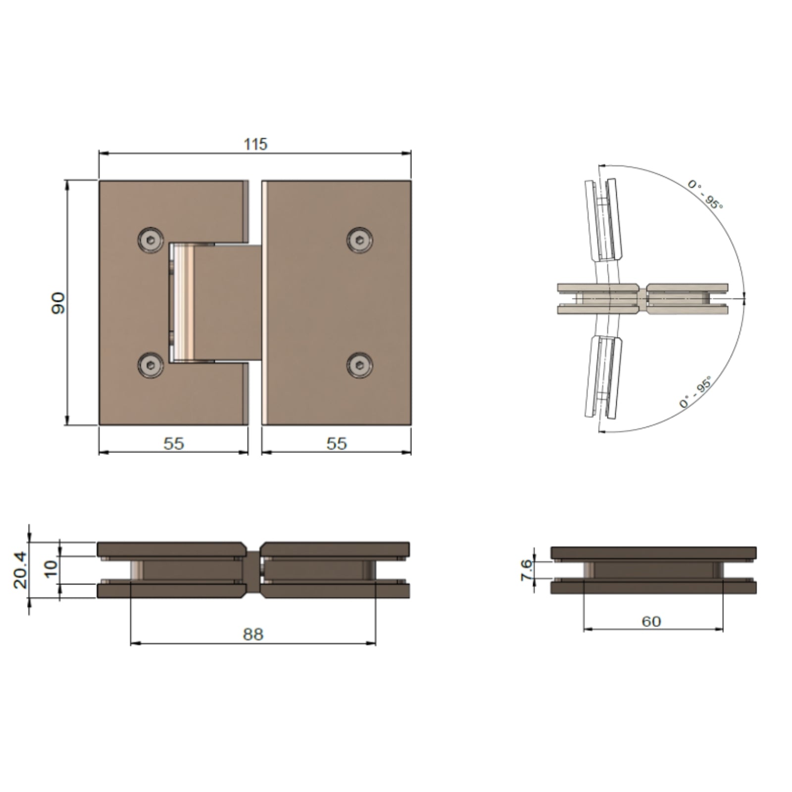 Technical Drawing Meir Glass To Glass Shower Door Hinge MGA01N-CH - The Blue Space