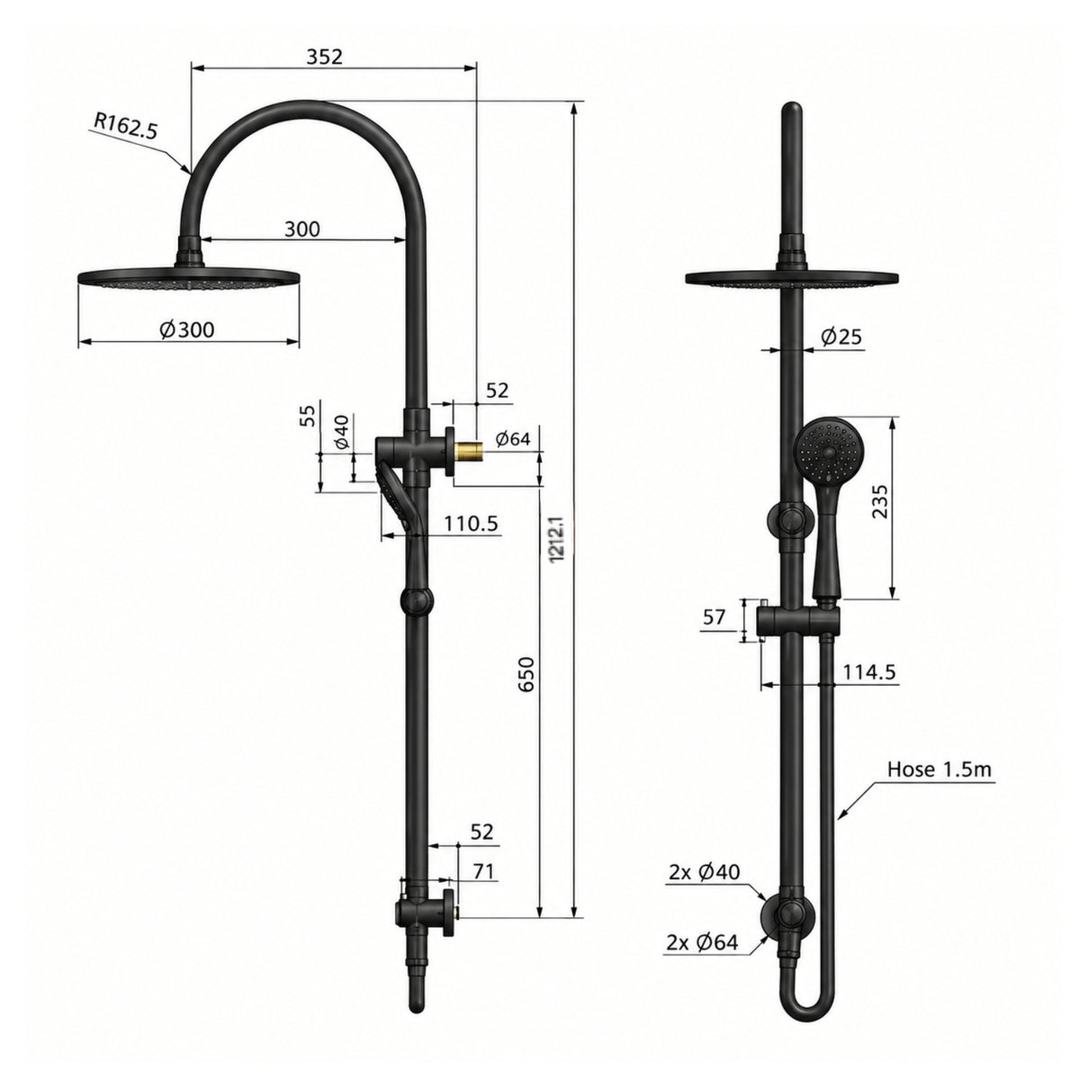 Line Drawing Meir Gooseneck Shower Set with 300mm rose, Three-Function Hand Shower Brushed Nickel MZ0906-PVDBN - The Blue Space