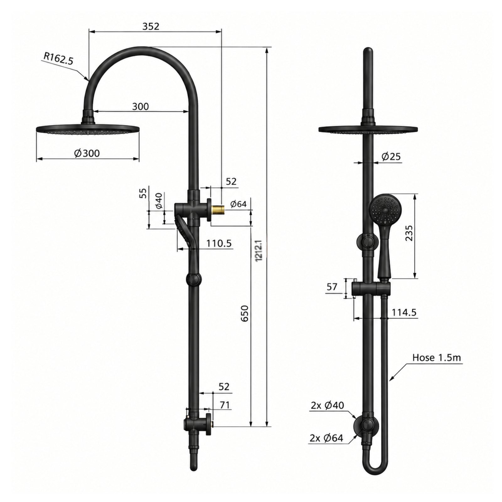 Line Drawing Meir Gooseneck Shower Set with 300mm rose, Three-Function Hand Shower Champagne MZ0906-CH - The Blue Space