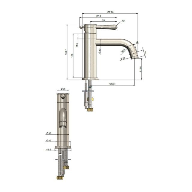 Technical Drawing Meir Harrington Short Basin Mixer Brushed Nickel HB03-PVDBN - The Blue Space