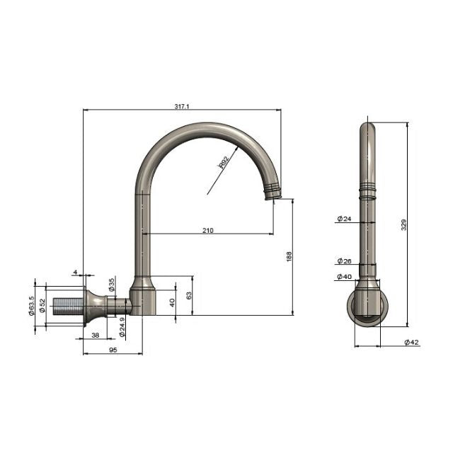 Technical Drawing Meir Harrington Wall Mount Swivel Spout Brushed Nickel HS07-PVDBN - The Blue Space