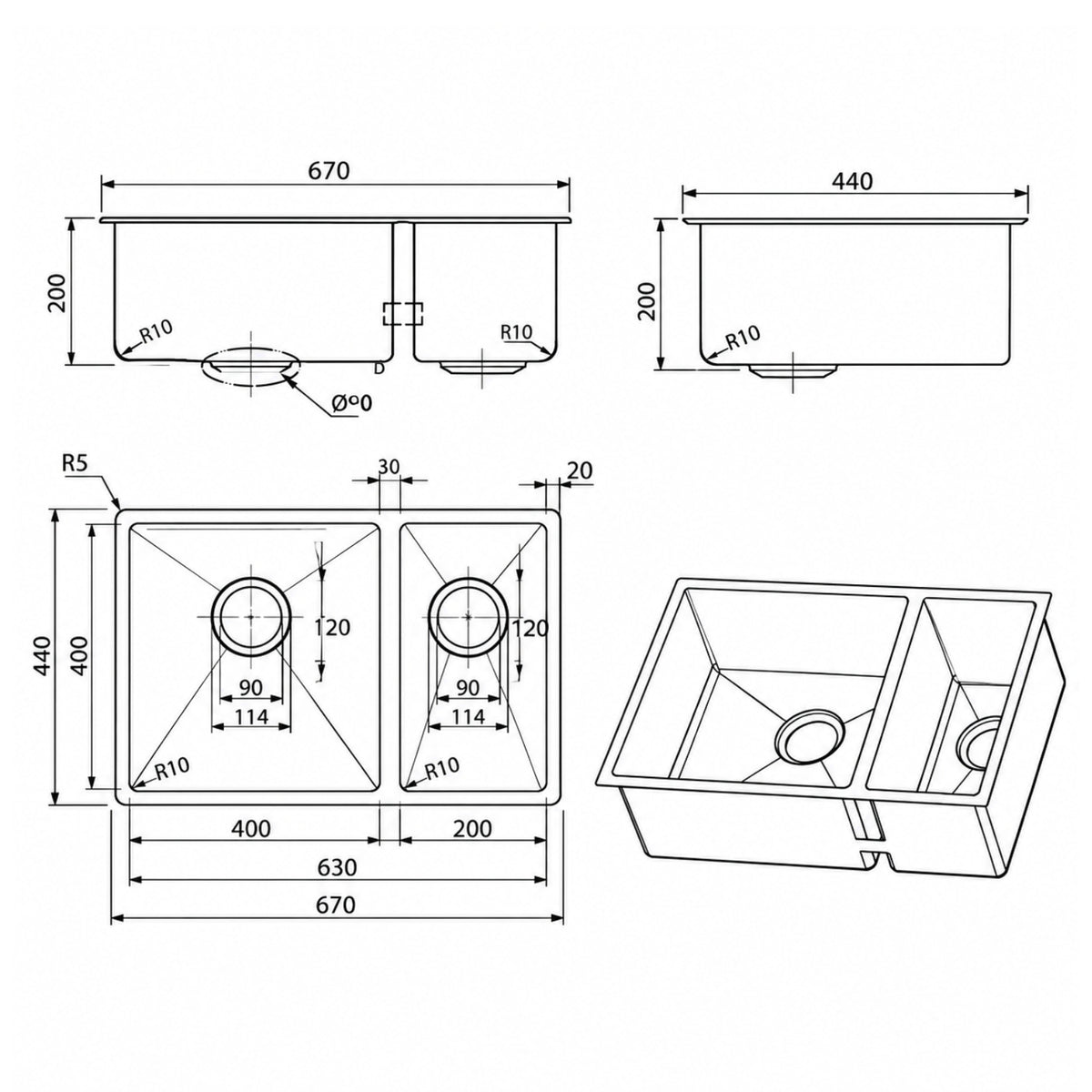 Line Drawing Meir Kitchen Sink 1.5 Bowl 670mm x 440mm - Brushed Nickel MKSP-D670440-PVDBN - The Blue Space