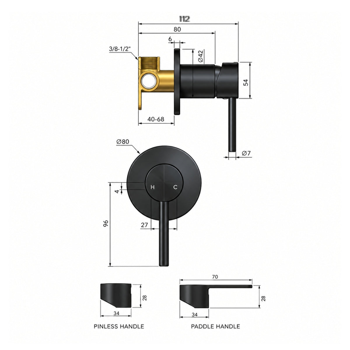 Line Drawing Meir Paddle Round Wall Mixer Champagne MW03PD-CH_KIT - The Blue Space