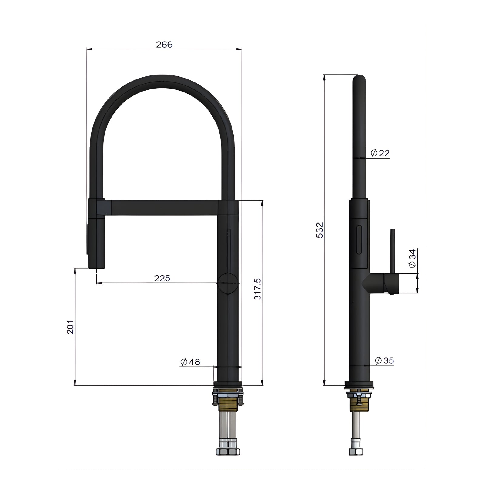 Technical Drawing Meir Pull Down Kitchen Mixer with Magnetic Dock - Brushed Nickel MK19-PVDBN - The Blue Space