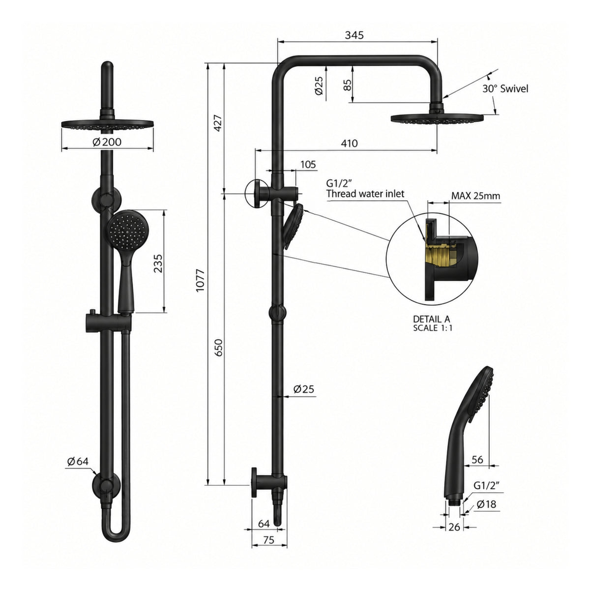 Line Drawing Meir Round Combination Shower Rail 200mm, 3 Function Hand Shower Matte Black MZ0704 - The Blue Space