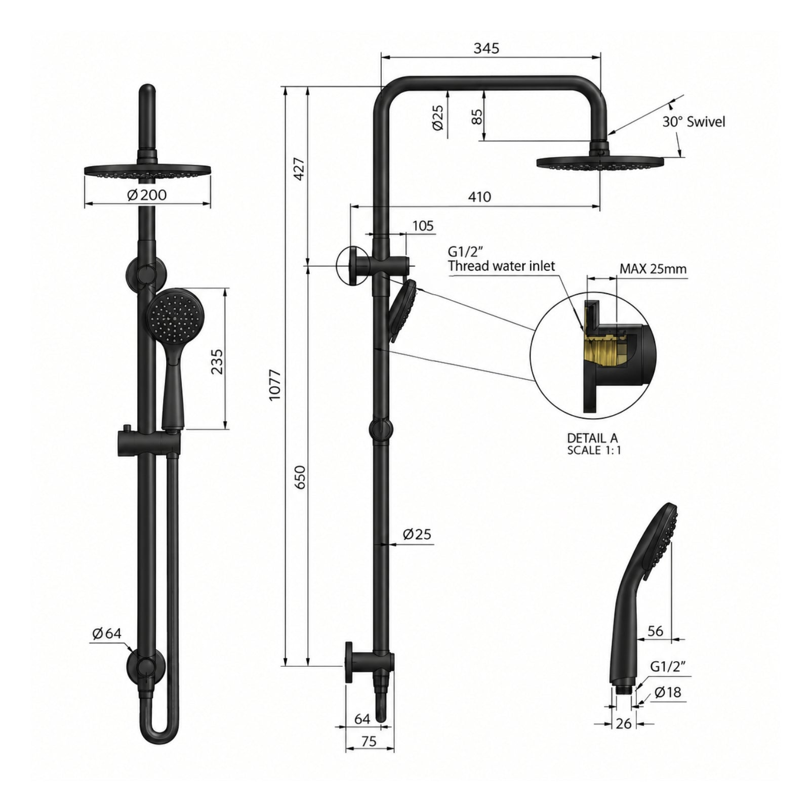 Line Drawing Meir Round Combination Shower Rail 200mm, 3 Function Hand Shower Shadow MZ0704-PVDGM - The Blue Space