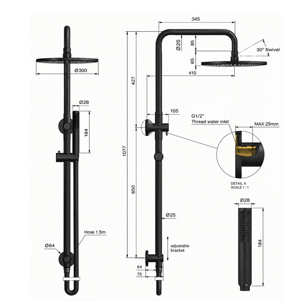Line Drawing Meir Round Combination Shower Rail 300mm Rose & Hand Shower - Matte Black MZ0706-R - The Blue Space
