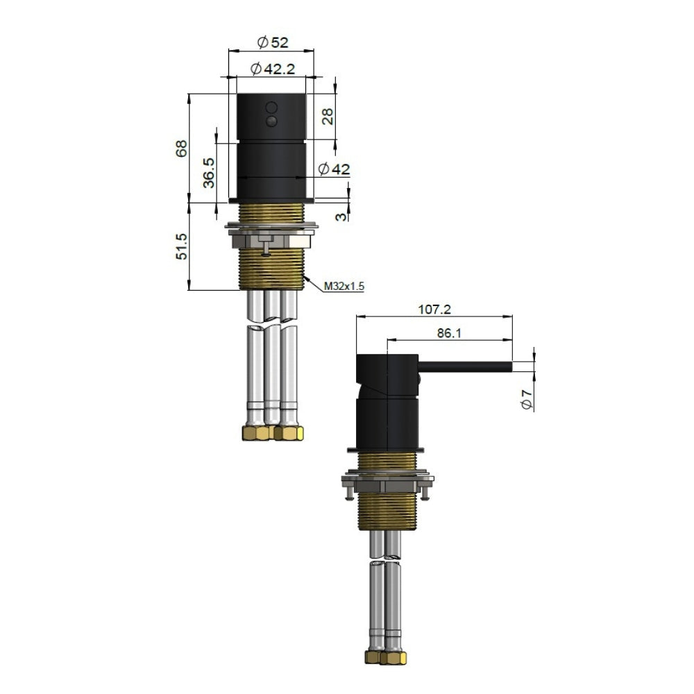 Technical Drawing Meir Round Deck Mounted Mixer - Champagne MW12-CH - The Blue Space