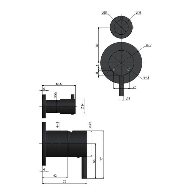 Technical Drawing Meir Round Diverter Mixer Lustre Bronze Trim Kit MW07TS-FIN-PVDBZ - The Blue Space