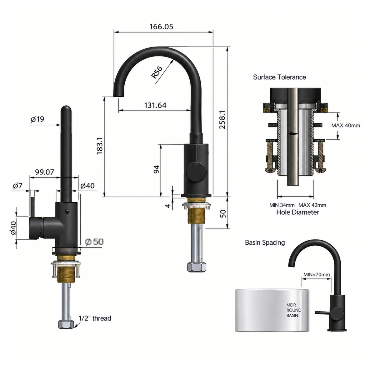 Line Drawing Meir Round Gooseneck Basin Mixer with Cold Start Champagne MB17-CH - The Blue Space