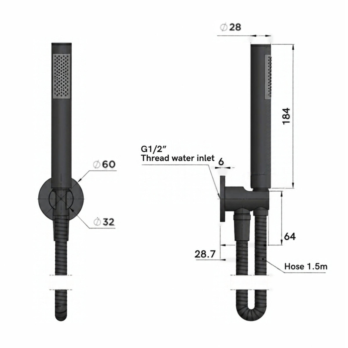 Meir Round Hand Shower on Bracket - Shadow MZ08-R-PVDGM New Line Drawing