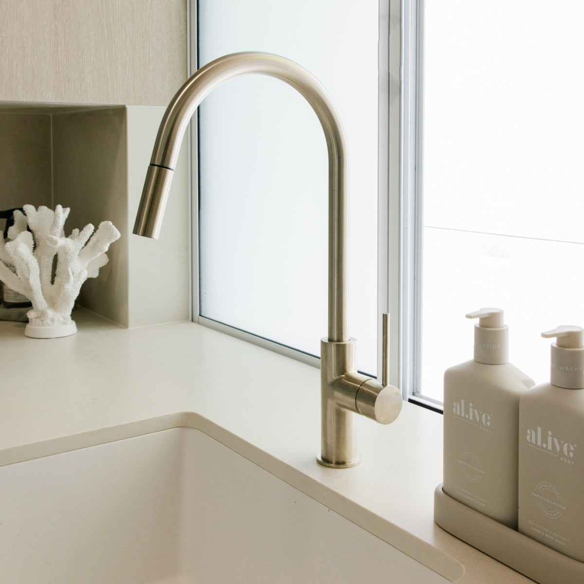 Lifestyle Meir Round Piccola Pull Out Kitchen Sink Mixer Tap - Brushed Nickel MK17-PVDBN - The Blue Space