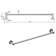 Technical Drawing Meir Round Single Towel Rail 600mm Chrome MR01-SR60-C - The Blue Space