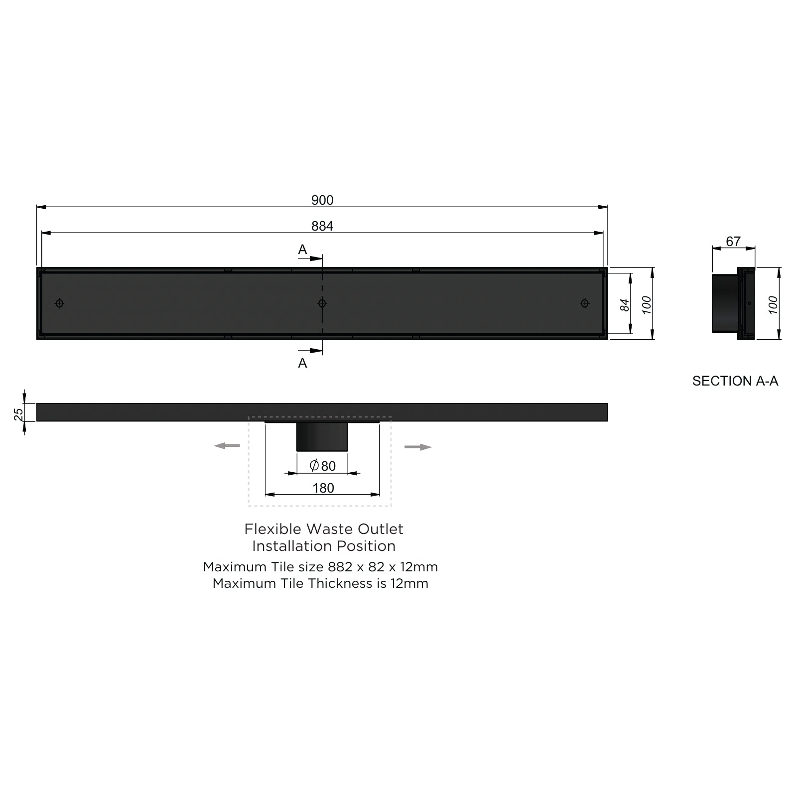 Technical Drawing Meir Shower Channel Waste 900mm with Tile Insert - Champagne MP06F-T900-CH - The Blue Space