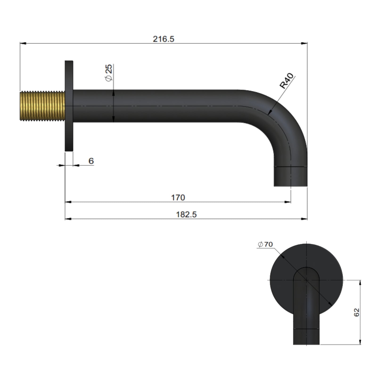 Technical Drawing Meir Universal Round Curved Spout 170mm - Champagne MS05-170-CH - The Blue Space