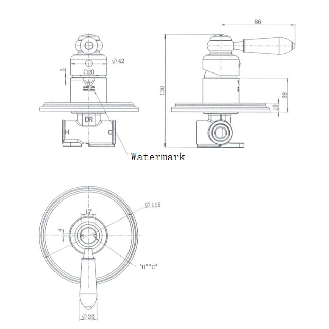 Technical Drawing Modern National Bordeaux Shower Mixer Black - Full Kit BOR008BK-KIT - The Blue Space