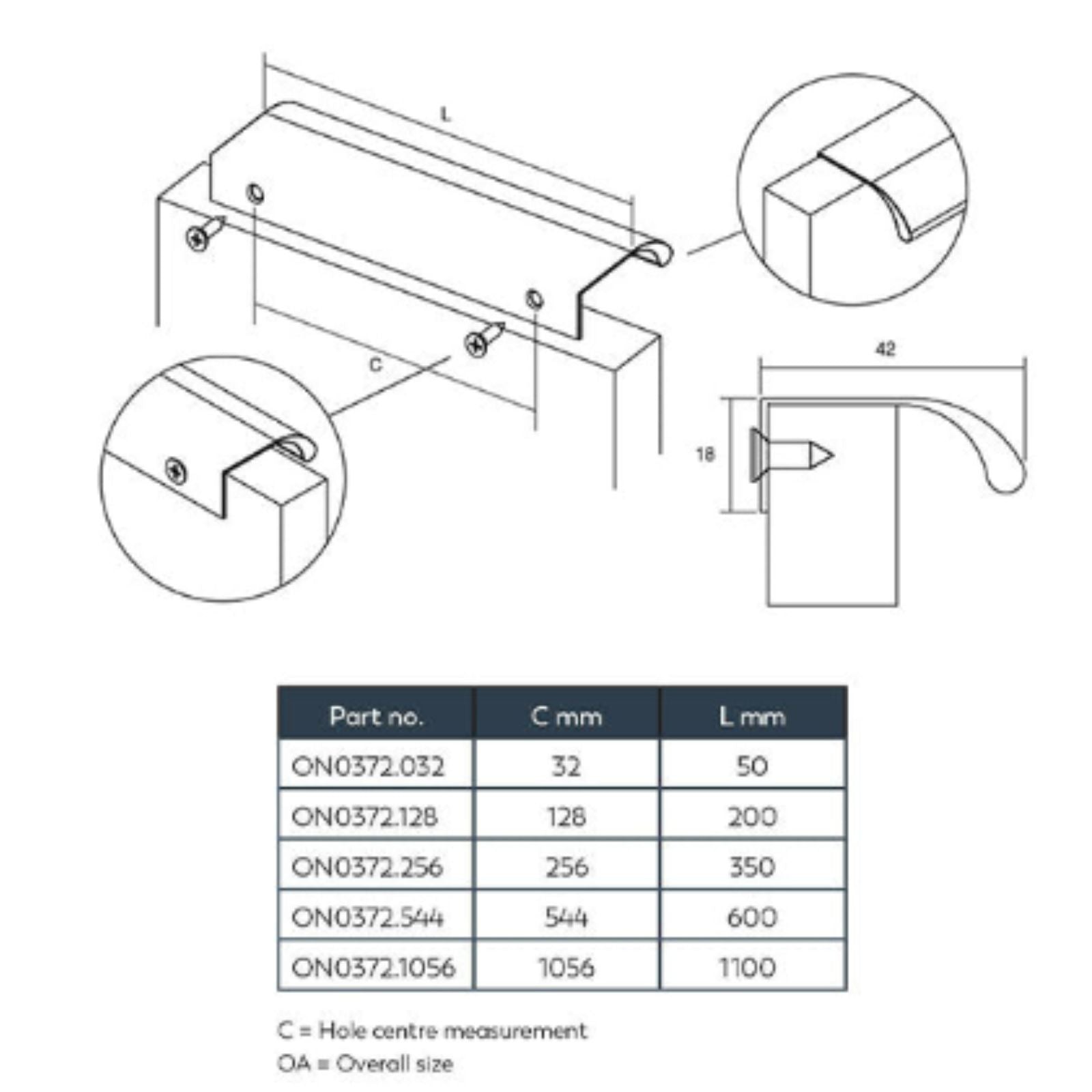 Line Drawing Momo Ona Lip Pull Handle 1056mm In Brushed Grey ON0372.1056.BRGY - The Blue Space