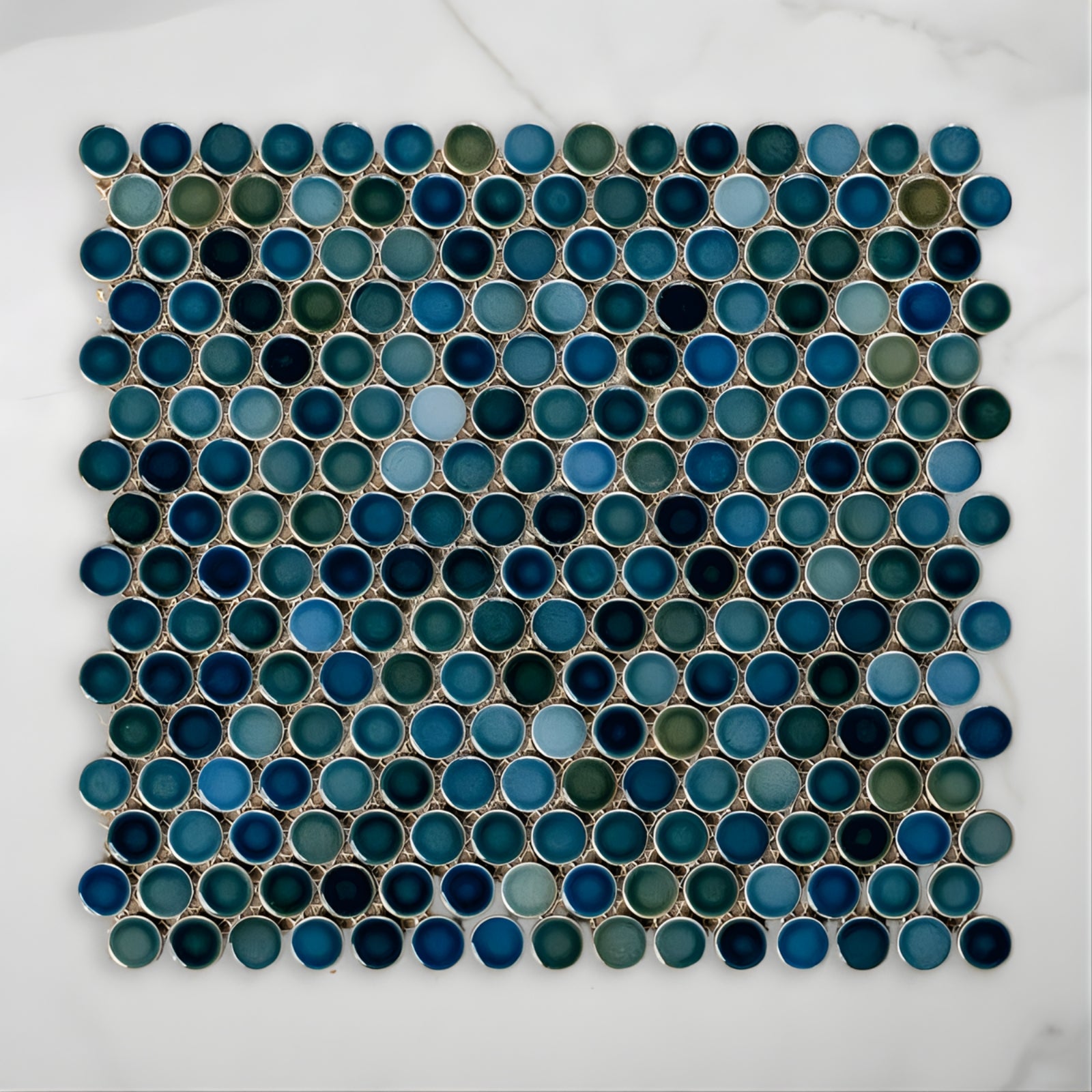 Single no Hand Mooloolaba Gloss Marine Porcelain Penny Round Mosaic Tile 20x20mm ORB073 - The Blue Space