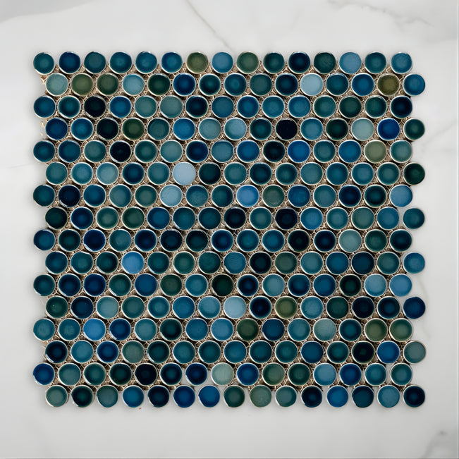Single no Hand Mooloolaba Gloss Marine Porcelain Penny Round Mosaic Tile 20x20mm ORB073 - The Blue Space