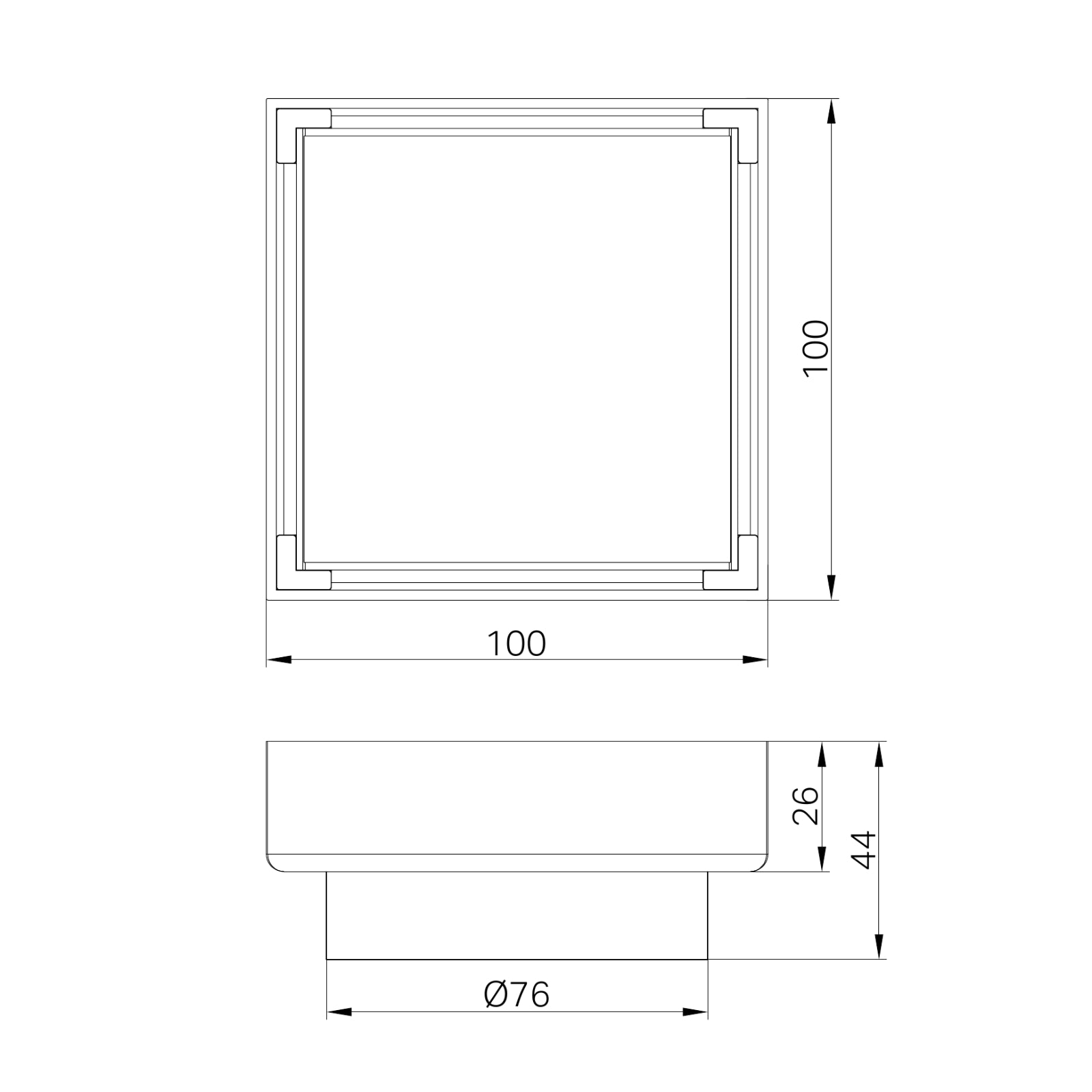 Technical Drawing Nero 100mm Square Tile Insert Floor Waste 80mm Outlet Brushed Bronze NRFW009BZ  - The Blue Space