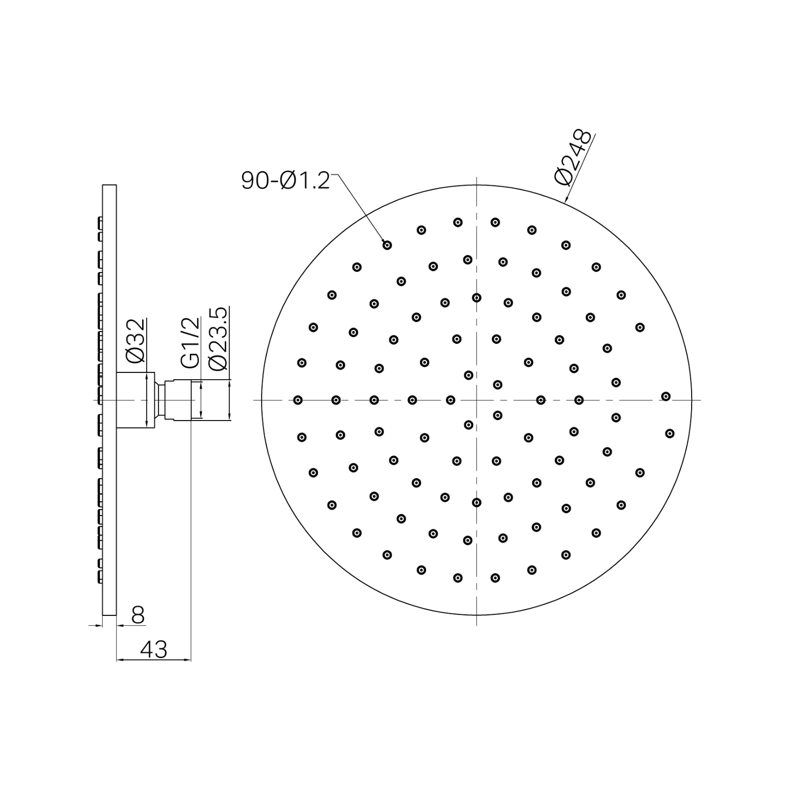 Technical Drawing Nero 250mm Round Metal Shower Head II Brushed Gold NR507046BG - The Blue Space