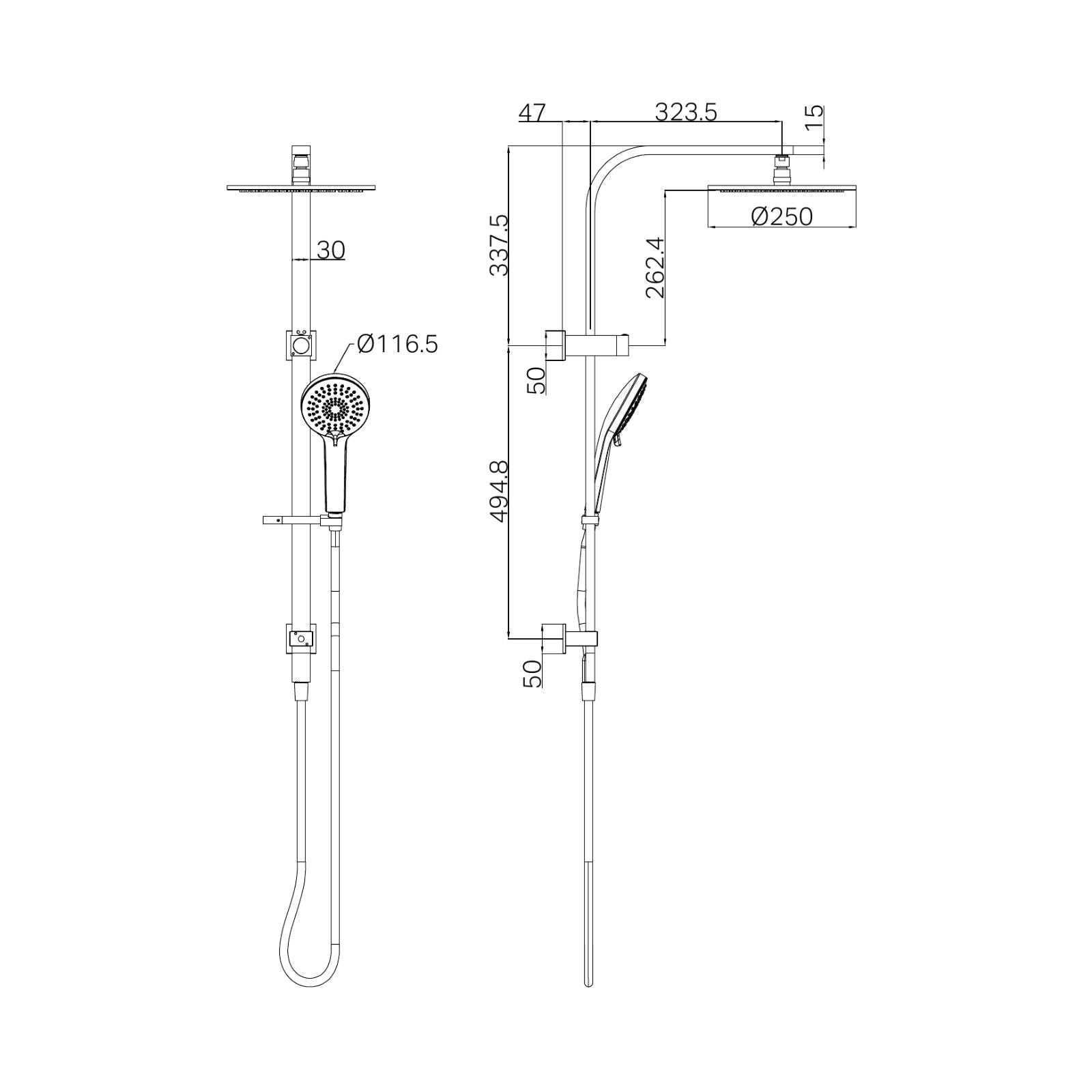 Technical Drawing Nero Bianca Twin Shower Brushed Bronze NR250805FBZ - The Blue Space